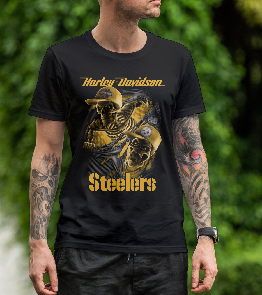 Harley Davidson Steelers Skeletons With Pittsburgh Steelers And Harley T-Shirt
