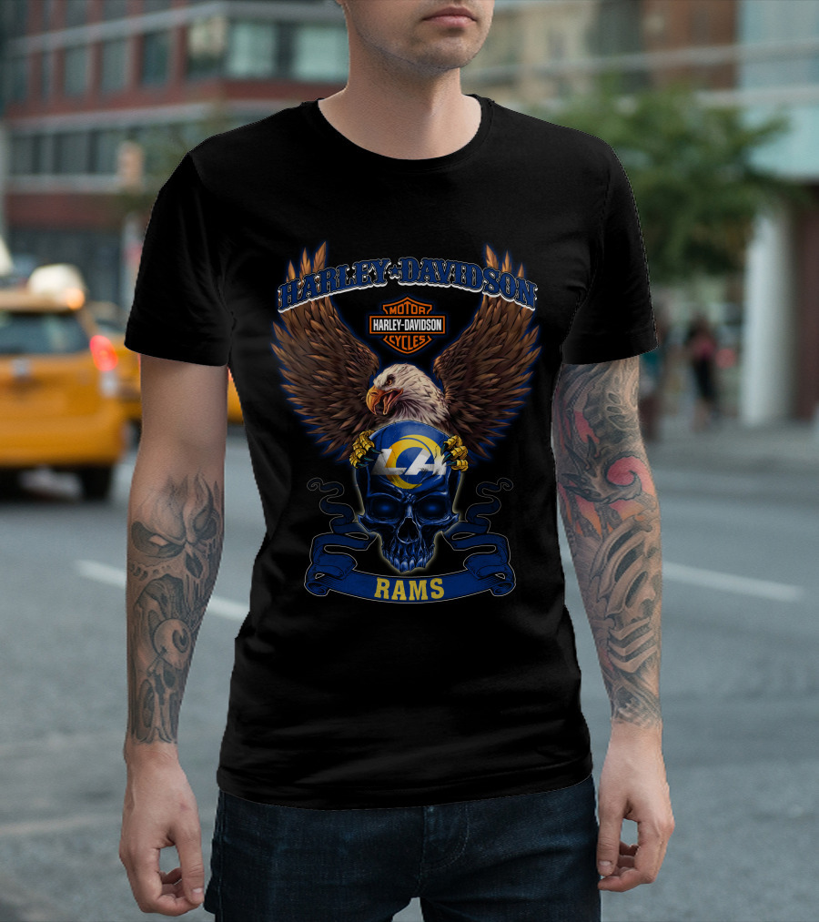 Harley Davidson Motor Cycles Los Angeles Rams Eagle Skull T-Shirt