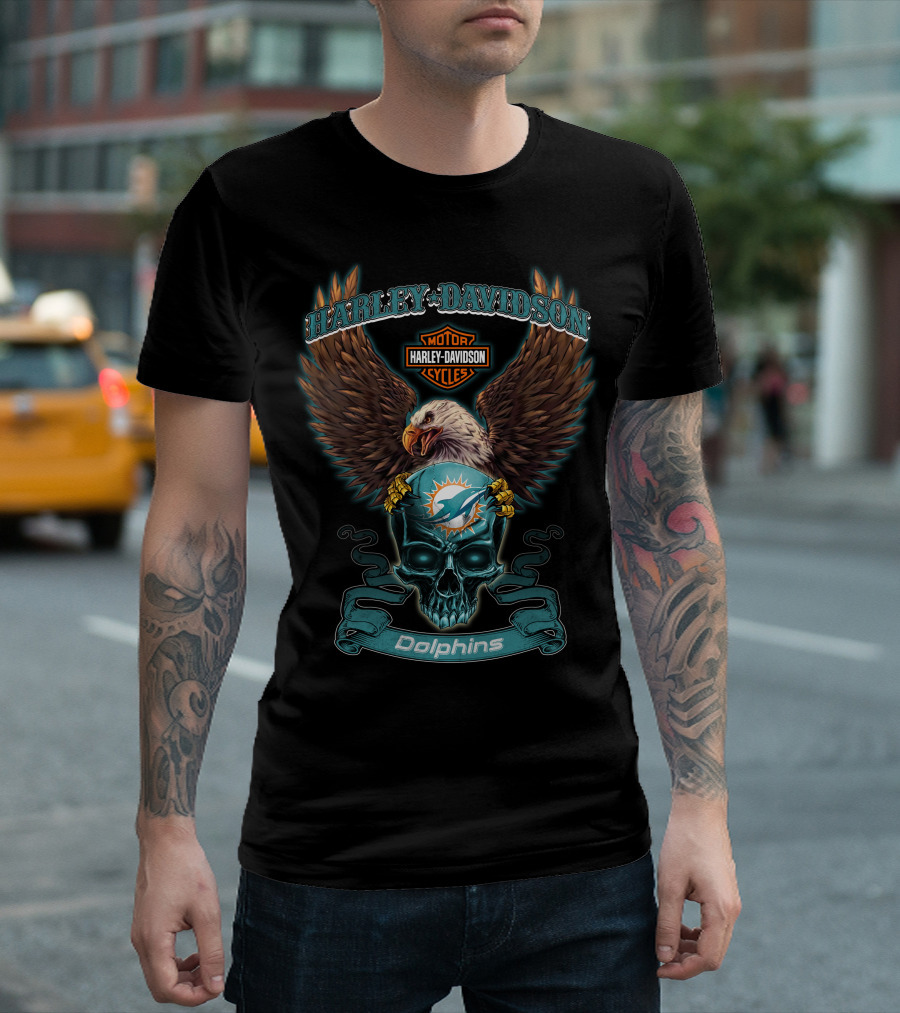 Harley Davidson Miami Dolphins Skull And Eagle T-Shirt