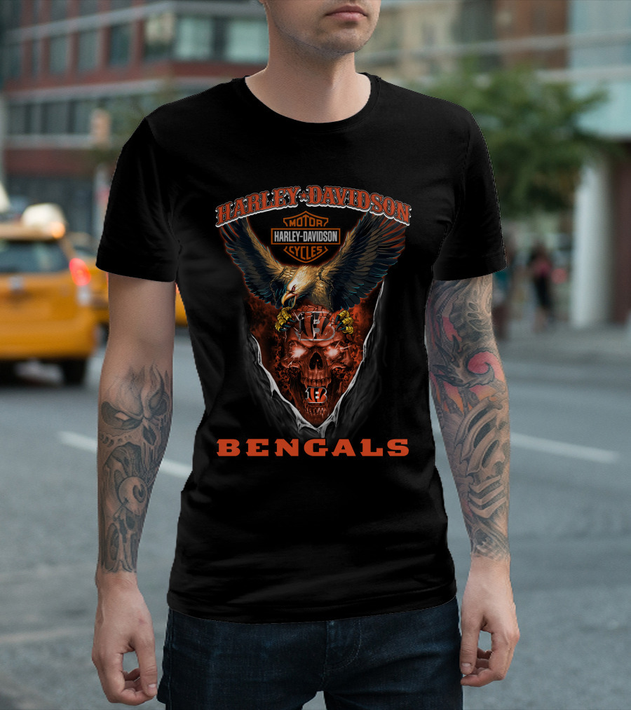 Harley Davidson Motor Cycles Bengals Eagle Skull Cincinnati T-Shirt