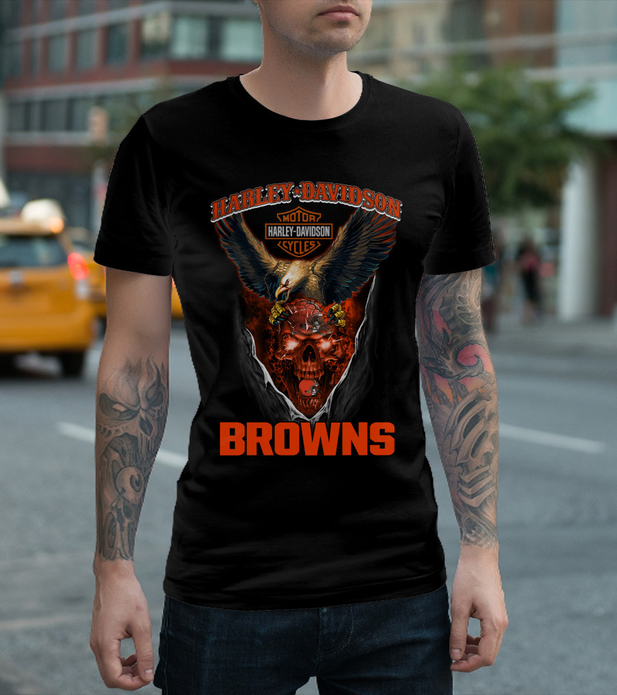 Harley Davidson Cleveland Browns Eagle Skulls Cycles T-Shirt