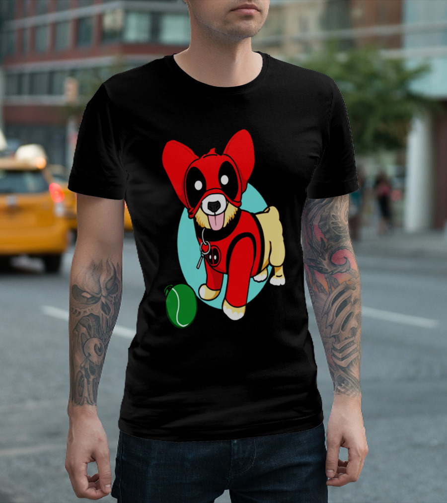 Corgi in Deadpool Costume with Tennis Ball T-Shirt