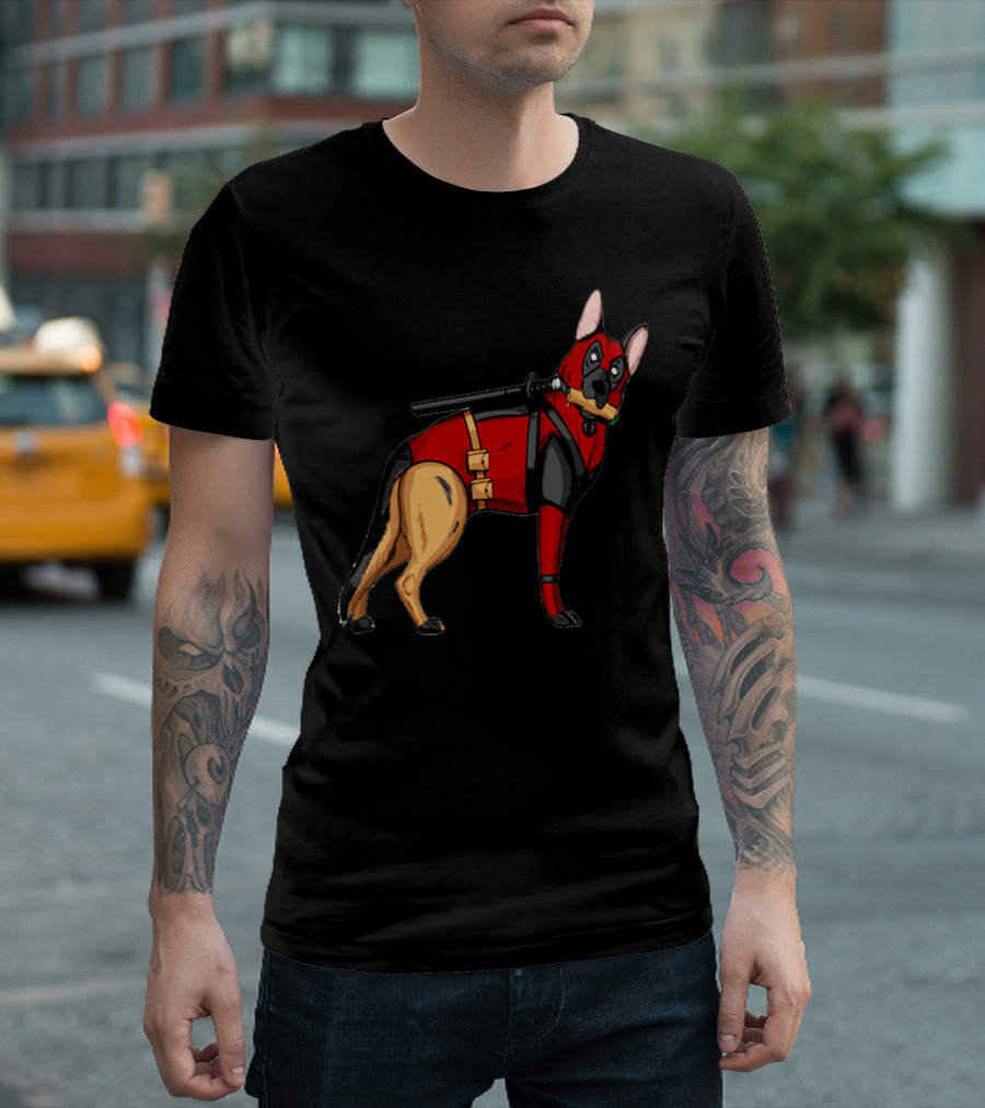 German Shepherd in Deadpool Costume with Sword and Bone T-Shirt