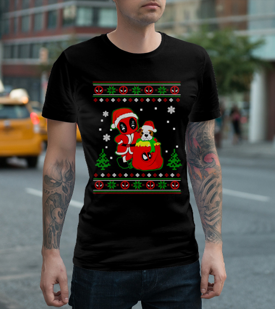 Deadpool Bulldog Christmas Santa Ugly Sweater Snowflakes Trees T-Shirt