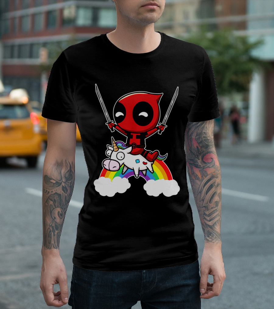 Deadpool Riding Unicorn Over Rainbow with Dual Swords T-Shirt