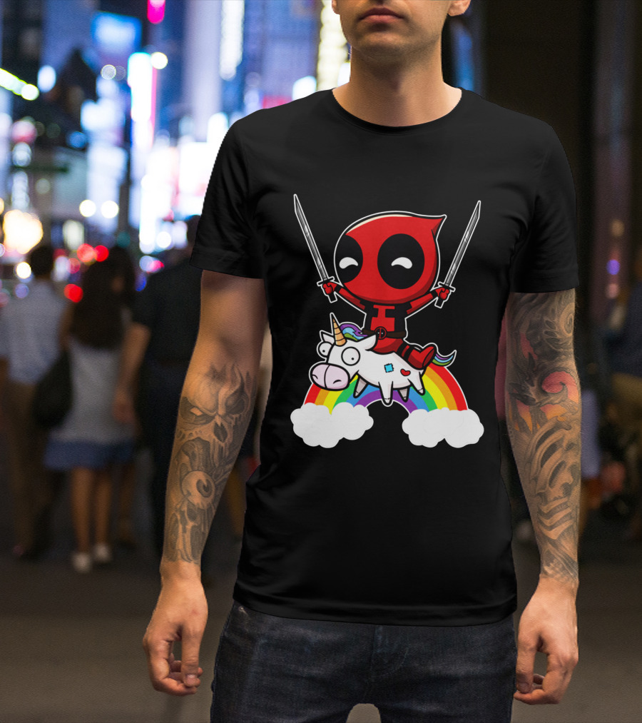 Deadpool Riding Unicorn Over Rainbow With Dual Swords T-Shirt