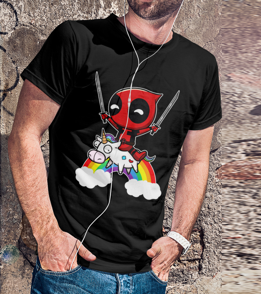 Deadpool Riding Unicorn Over Rainbow With Dual Swords T-Shirt