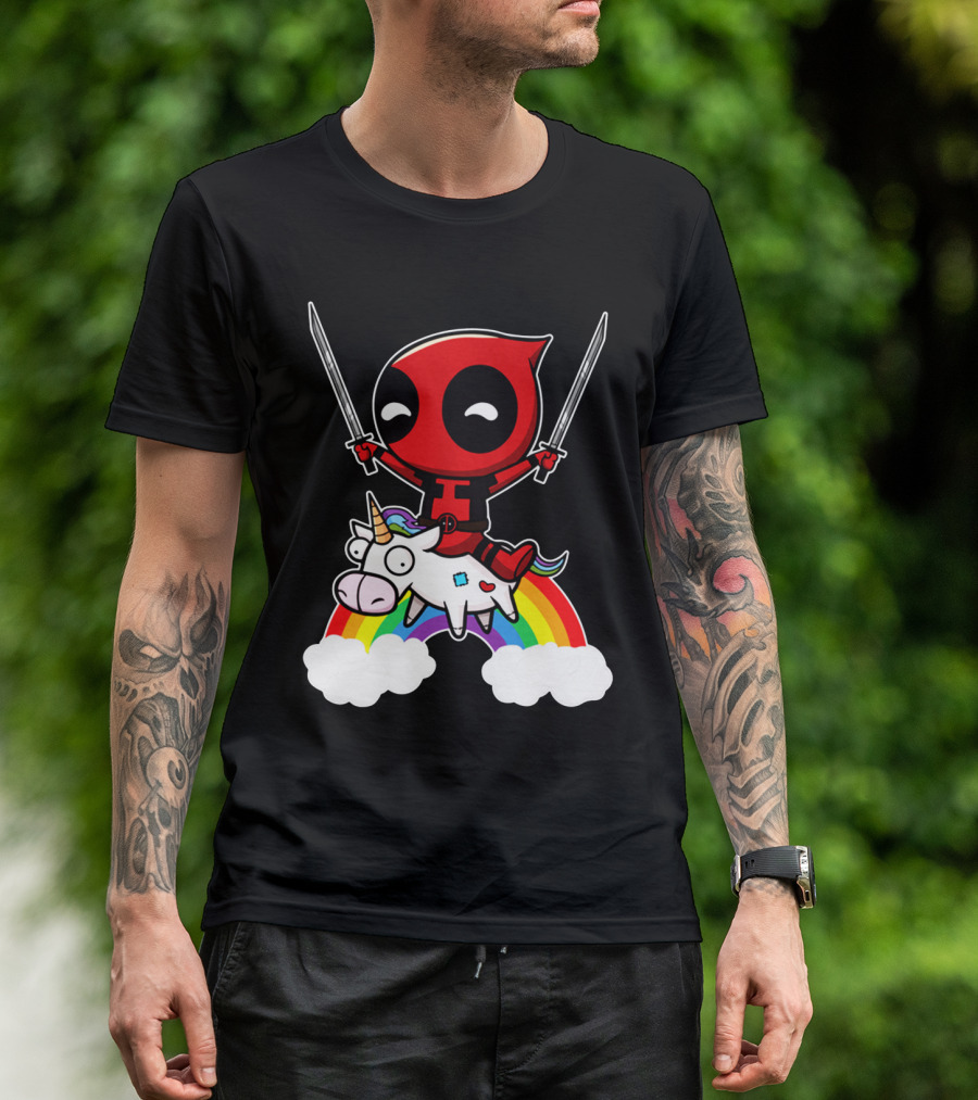 Deadpool Riding Unicorn Over Rainbow With Dual Swords T-Shirt