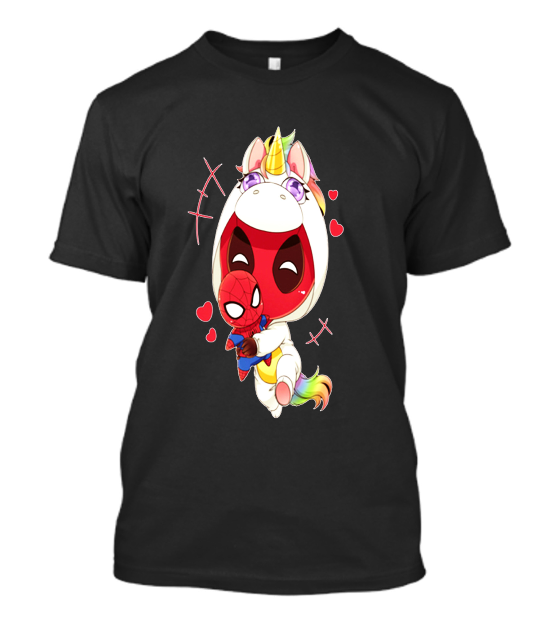 DEADPOOL IN UNICORN COSTUME HUGGING SPIDERMAN PLUSH WITH HEARTS AND SMILING FACE T-Shirt