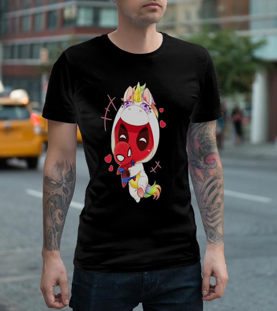 DEADPOOL IN UNICORN COSTUME HUGGING SPIDERMAN PLUSH WITH HEARTS AND SMILING FACE T-Shirt