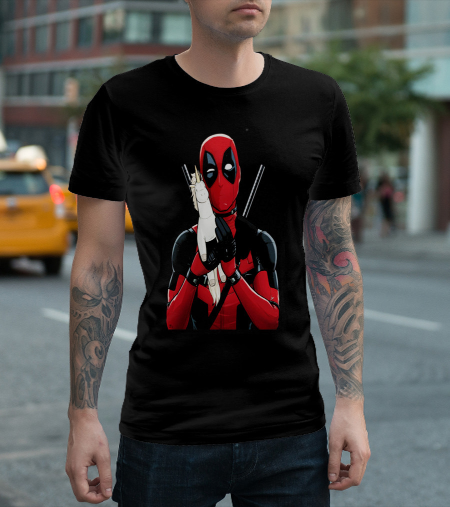 Deadpool Hugging Unicorn Toy with Iconic Red and Black Suit T-Shirt