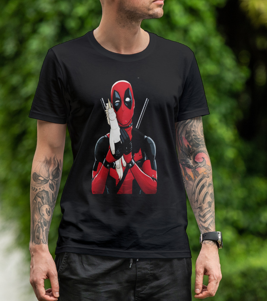 Deadpool Hugging Unicorn Toy With Iconic Red And Black Suit T-Shirt