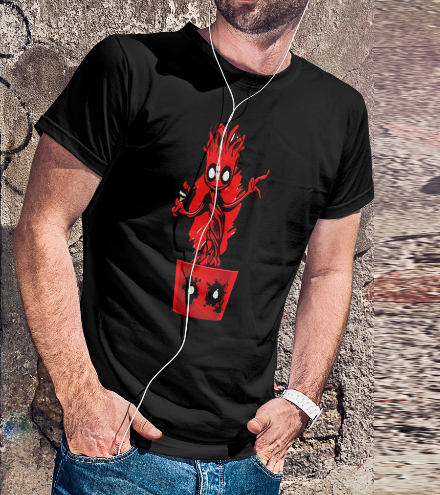 Deadpool Groot Mashup With Baby Tree Holding Paintbrush In Red Pot With Comic Mask Eyes T-Shirt