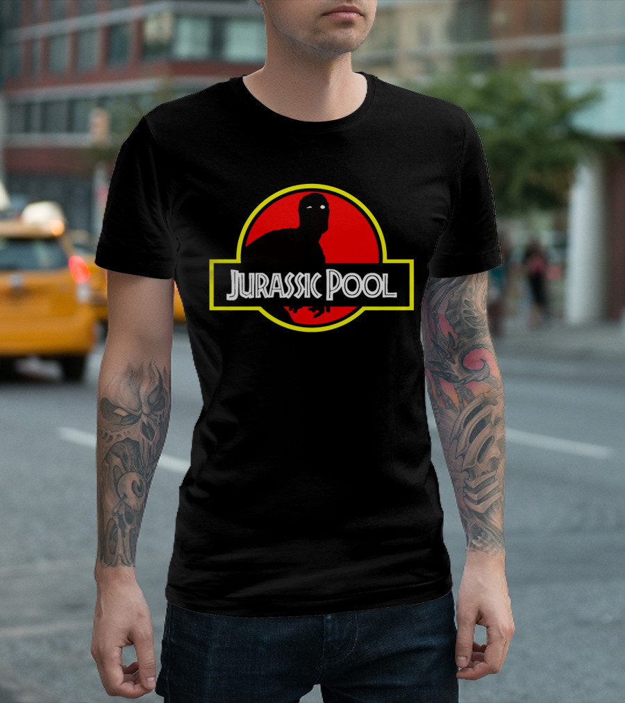 Jurassic Pool Deadpool Parody With Dinosaur Logo And Red Circle T-Shirt