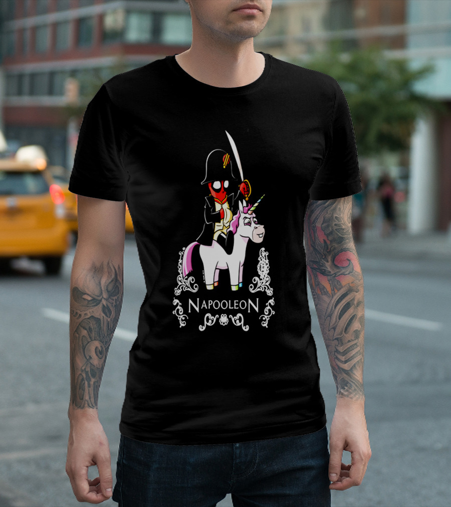Deadpool as Napoleon Riding a Unicorn with Sword and Top Hat T-Shirt