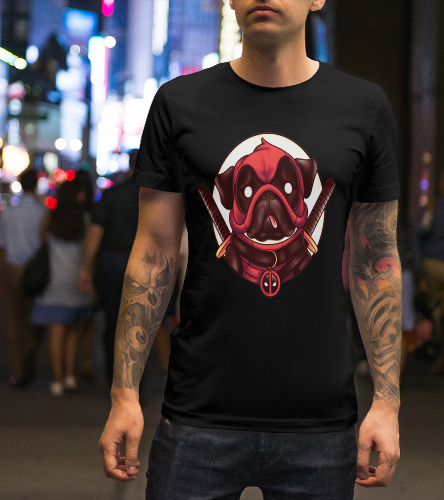 Deadpug Pug Wearing Deadpool Mask With Swords T-Shirt
