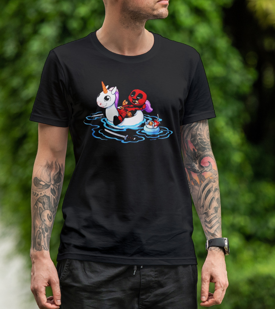 Deadpool Relaxing On Inflatable Unicorn With Rubber Duck And Swords T-Shirt