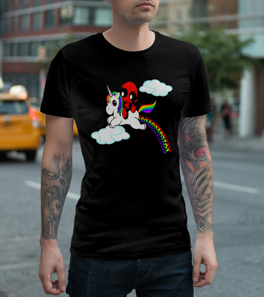 Deadpool Riding Rainbow Unicorn In Clouds T-Shirt