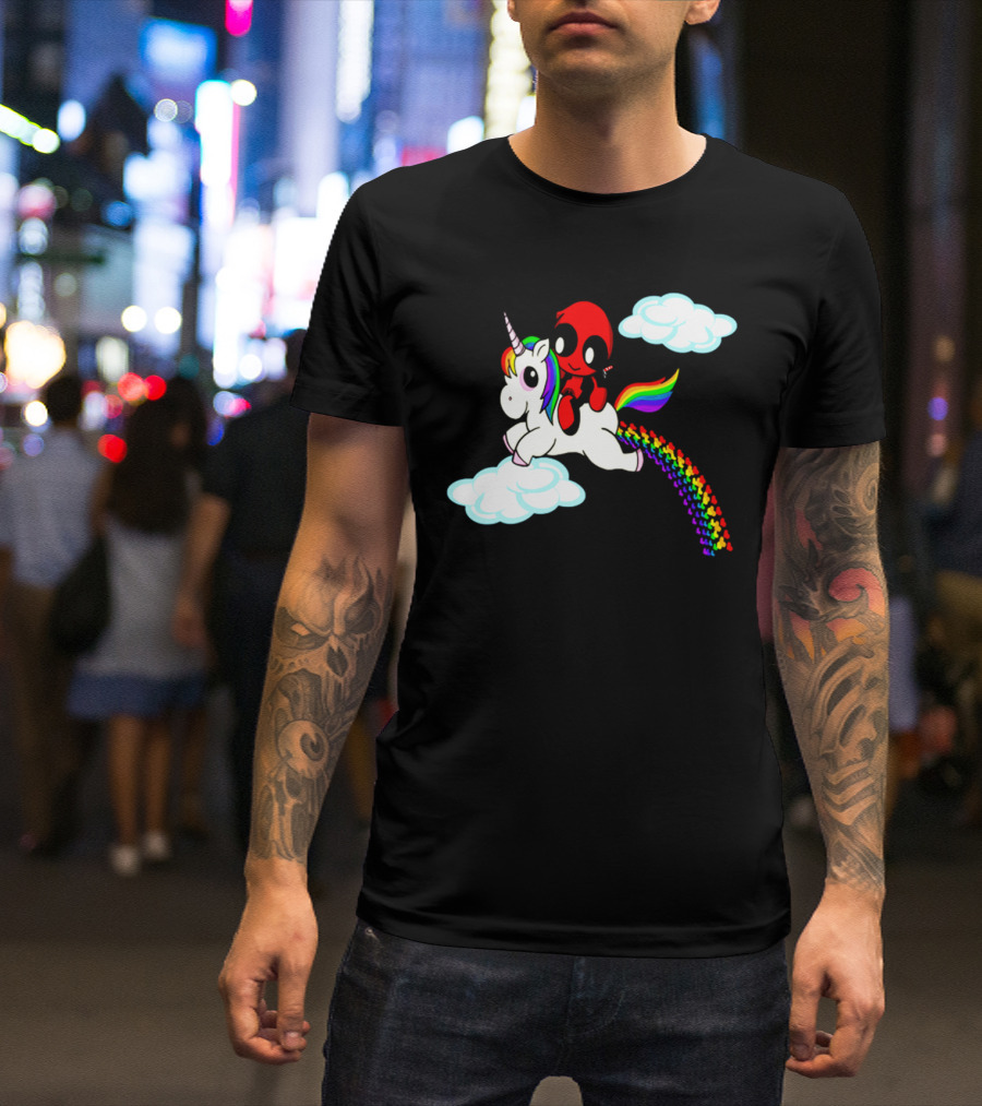 Deadpool Riding Rainbow Unicorn In Clouds T-Shirt