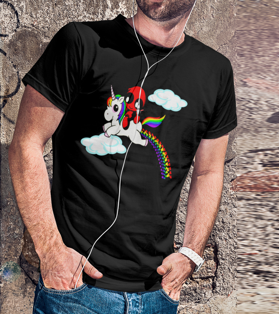 Deadpool Riding Rainbow Unicorn In Clouds T-Shirt