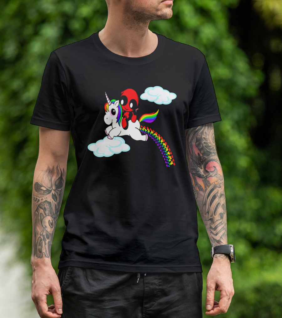 Deadpool Riding Rainbow Unicorn In Clouds T-Shirt