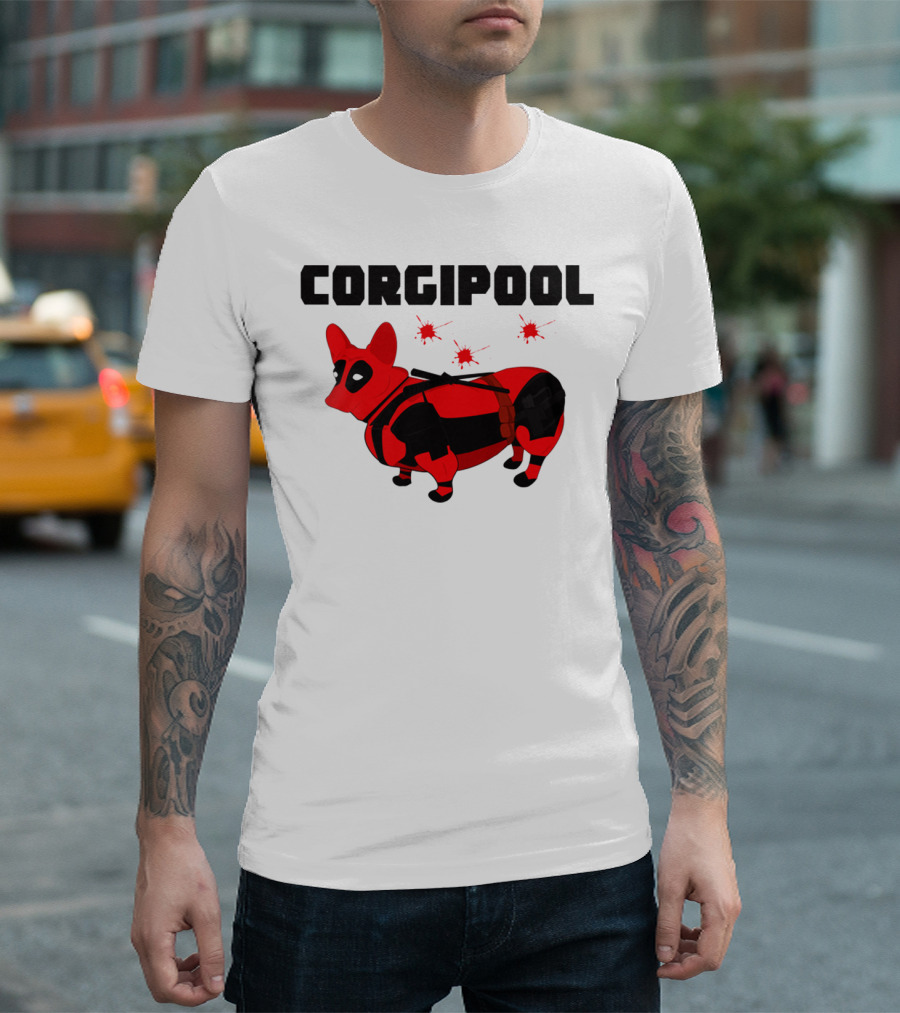 Corgipool Corgi Deadpool Parody With Red And Black Costume And Comic-Style Font T-Shirt