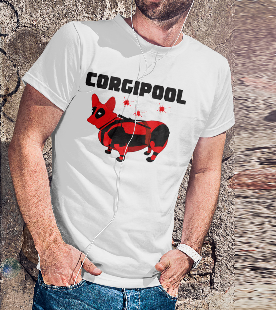 Corgipool Corgi Deadpool Parody With Red And Black Costume And Comic-Style Font T-Shirt