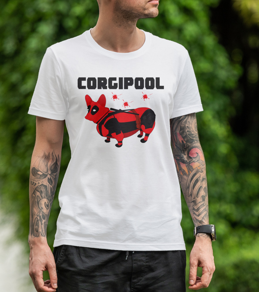 Corgipool Corgi Deadpool Parody With Red And Black Costume And Comic-Style Font T-Shirt