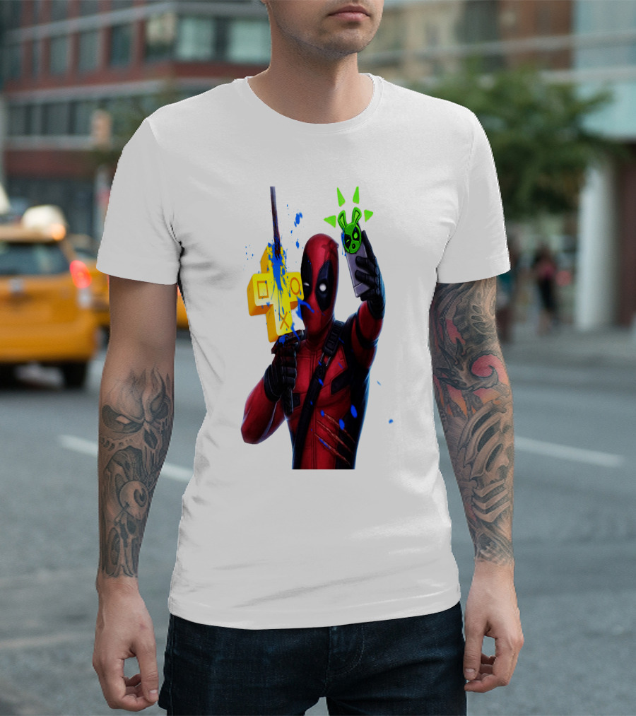 DEADPOOL VIDEOGAME GAMER SELFIE WITH ICONIC CONTROLLER AND GREEN BOMB SYMBOLS T-Shirt