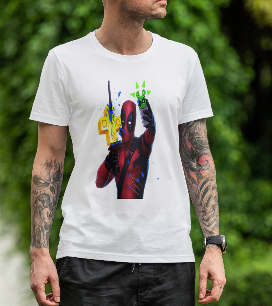 DEADPOOL VIDEOGAME GAMER SELFIE WITH ICONIC CONTROLLER AND GREEN BOMB SYMBOLS T-Shirt
