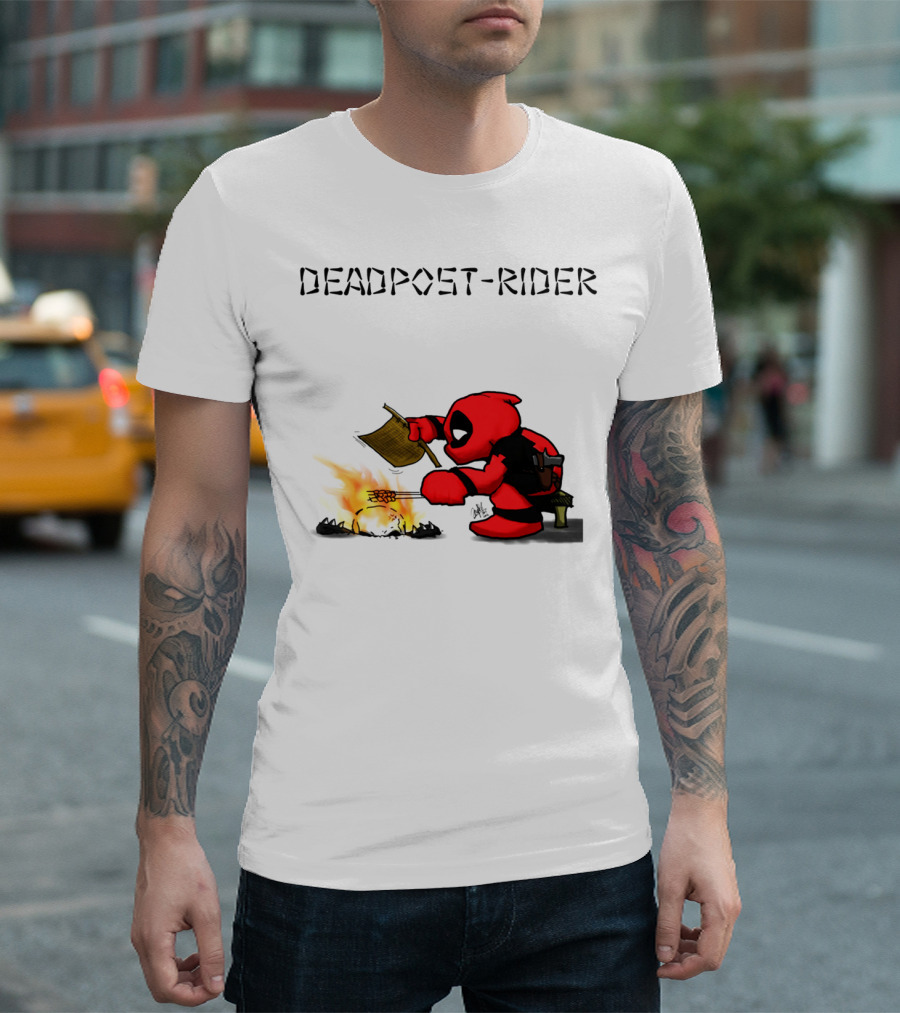 DEADPOOL RIDER COOKING MARSHMALLOW OVER FIRE CARTOON SCENE T-Shirt