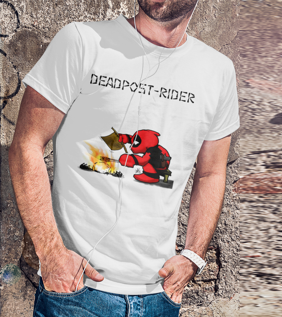 Deadpool Rider Cooking Marshmallow Over Fire Cartoon Scene T-Shirt
