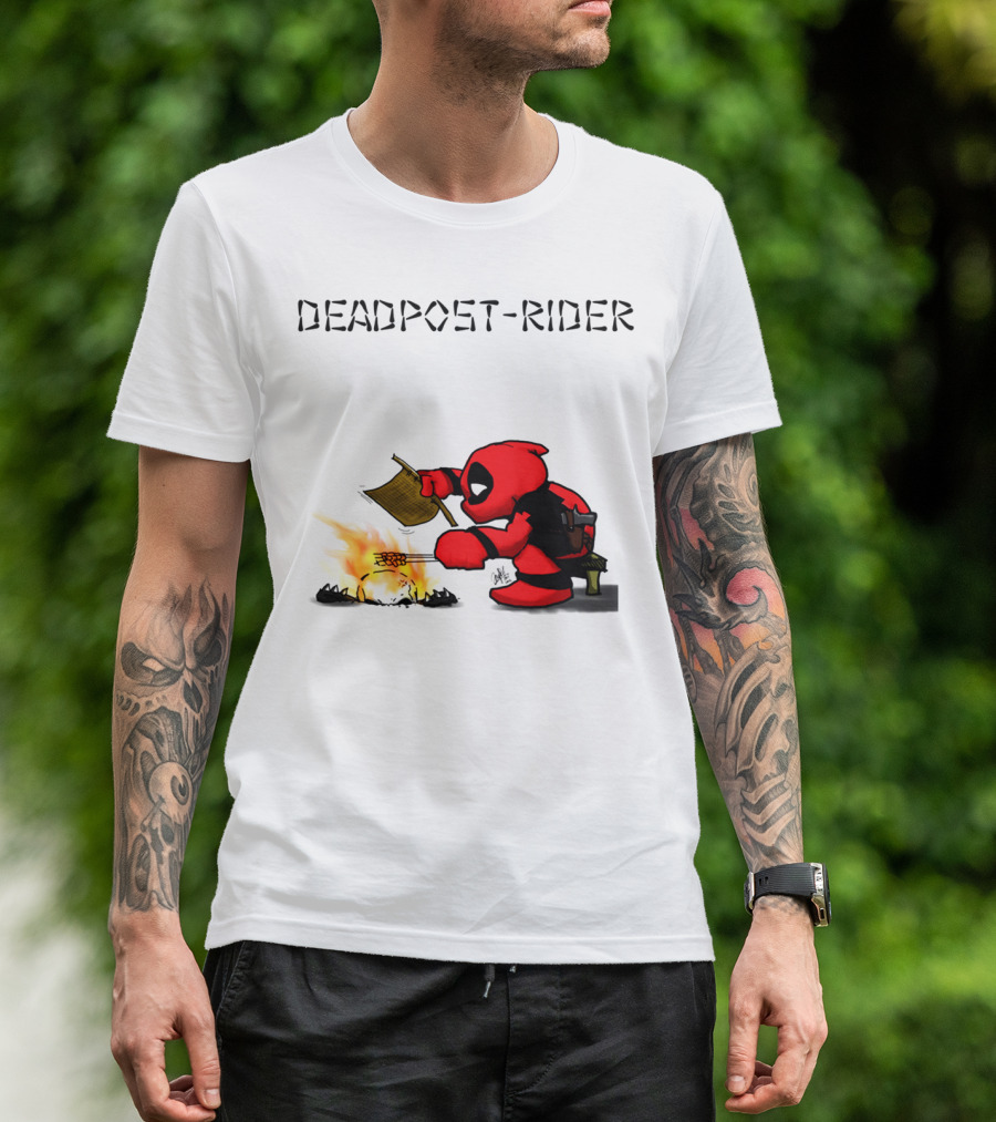 Deadpool Rider Cooking Marshmallow Over Fire Cartoon Scene T-Shirt