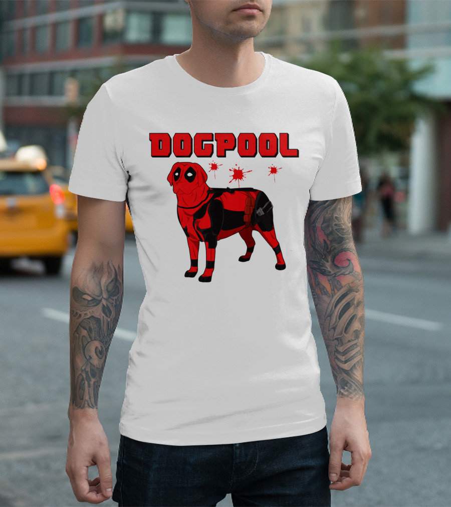 DOGPOOL Inspired By Deadpool With Red Suit And Splattered Background T-Shirt