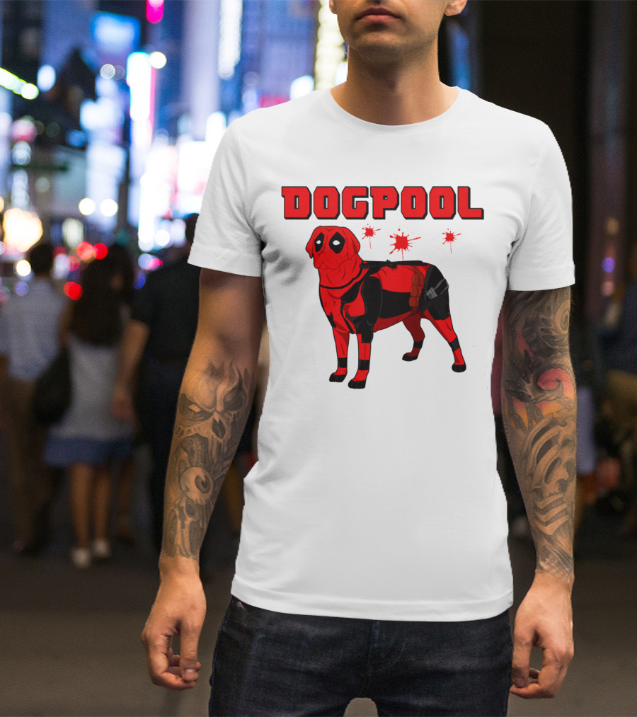 DOGPOOL Inspired By Deadpool With Red Suit And Splattered Background T-Shirt