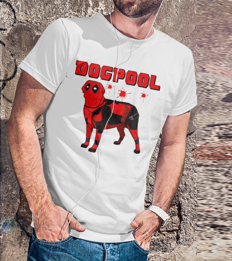 DOGPOOL Inspired By Deadpool With Red Suit And Splattered Background T-Shirt