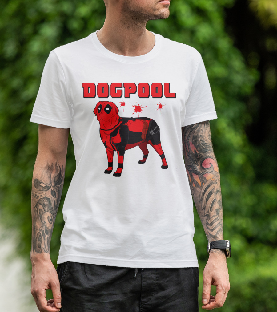 DOGPOOL Inspired By Deadpool With Red Suit And Splattered Background T-Shirt