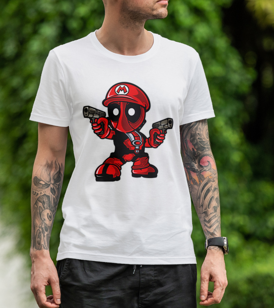 DEADPOOL MARIO PARODY CROSSOVER CHARACTER WITH GUNS T-Shirt