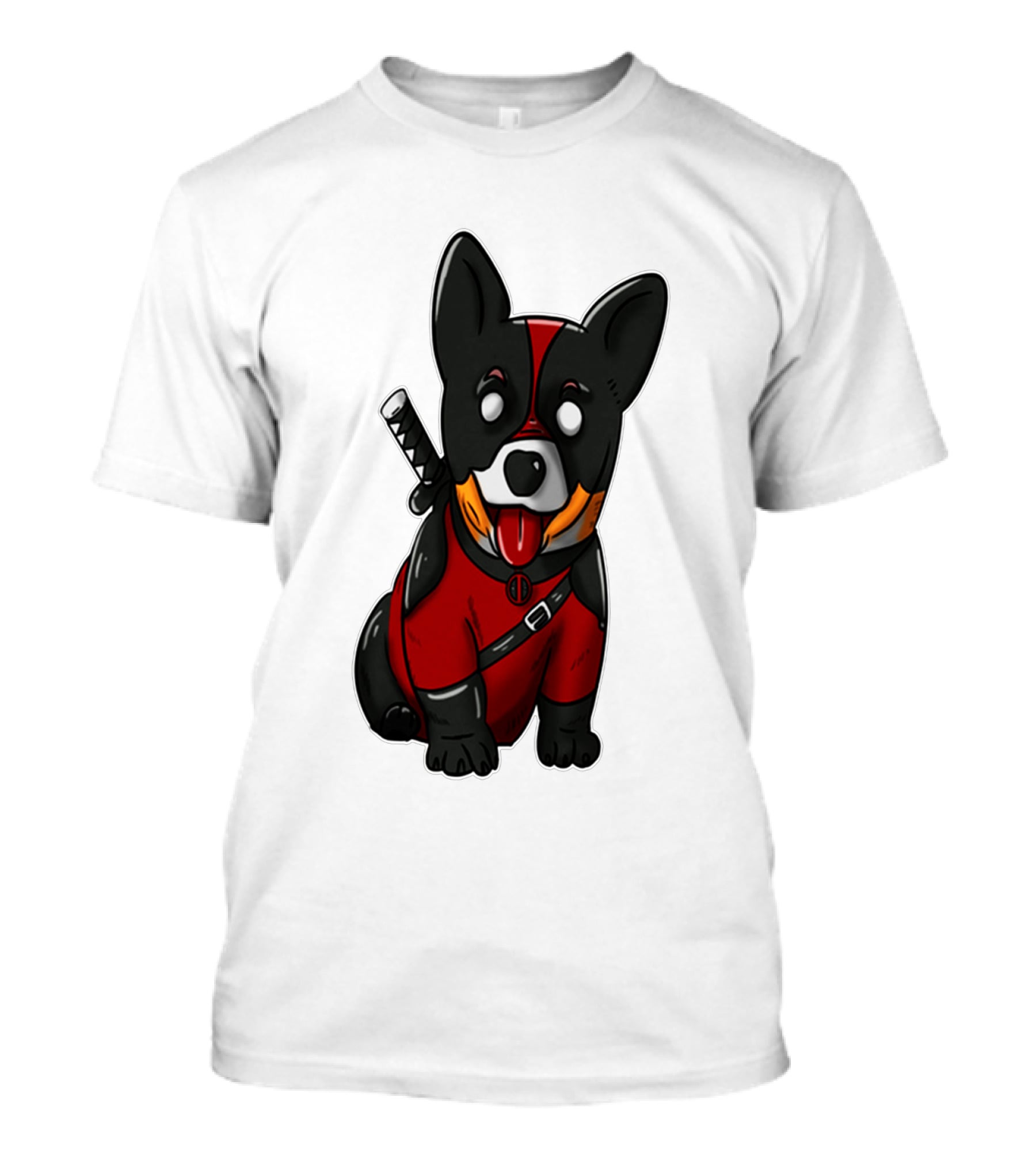 Corgipool Corgi Deadpool Merchandise Red Black Costume Sword Dog Iconic Character Image T-Shirt