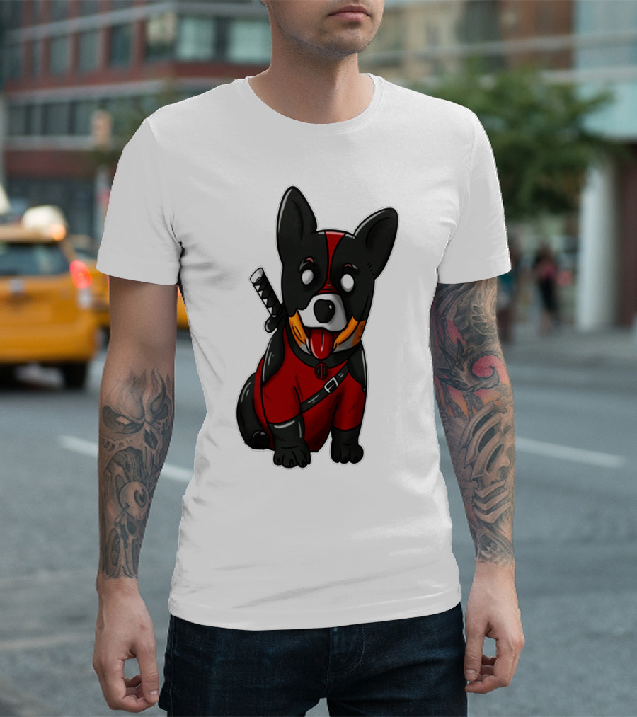 CORGIPOOL CORGI DEADPOOL MERCHANDISE RED BLACK COSTUME SWORD DOG ICONIC CHARACTER IMAGE T-Shirt