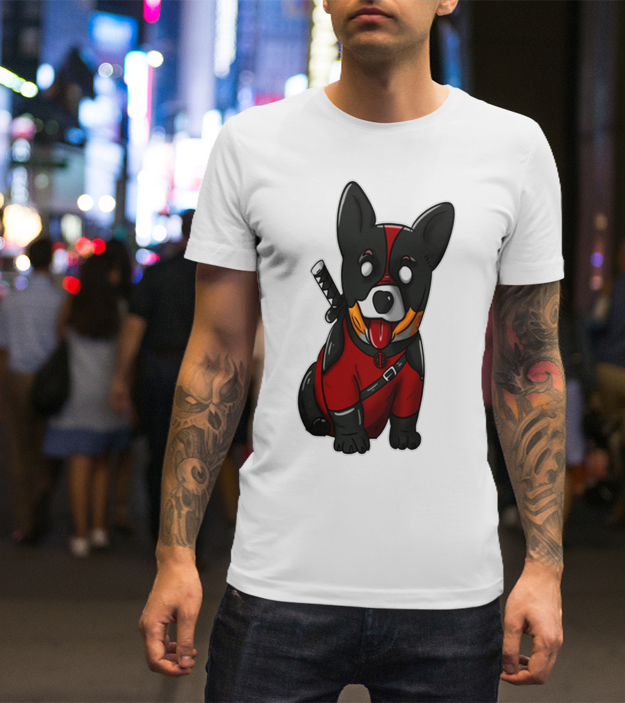 Corgipool Corgi Deadpool Merchandise Red Black Costume Sword Dog Iconic Character Image T-Shirt