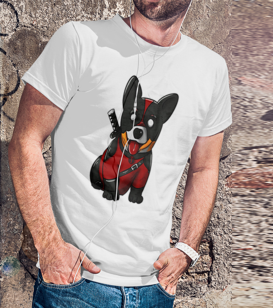 Corgipool Corgi Deadpool Merchandise Red Black Costume Sword Dog Iconic Character Image T-Shirt