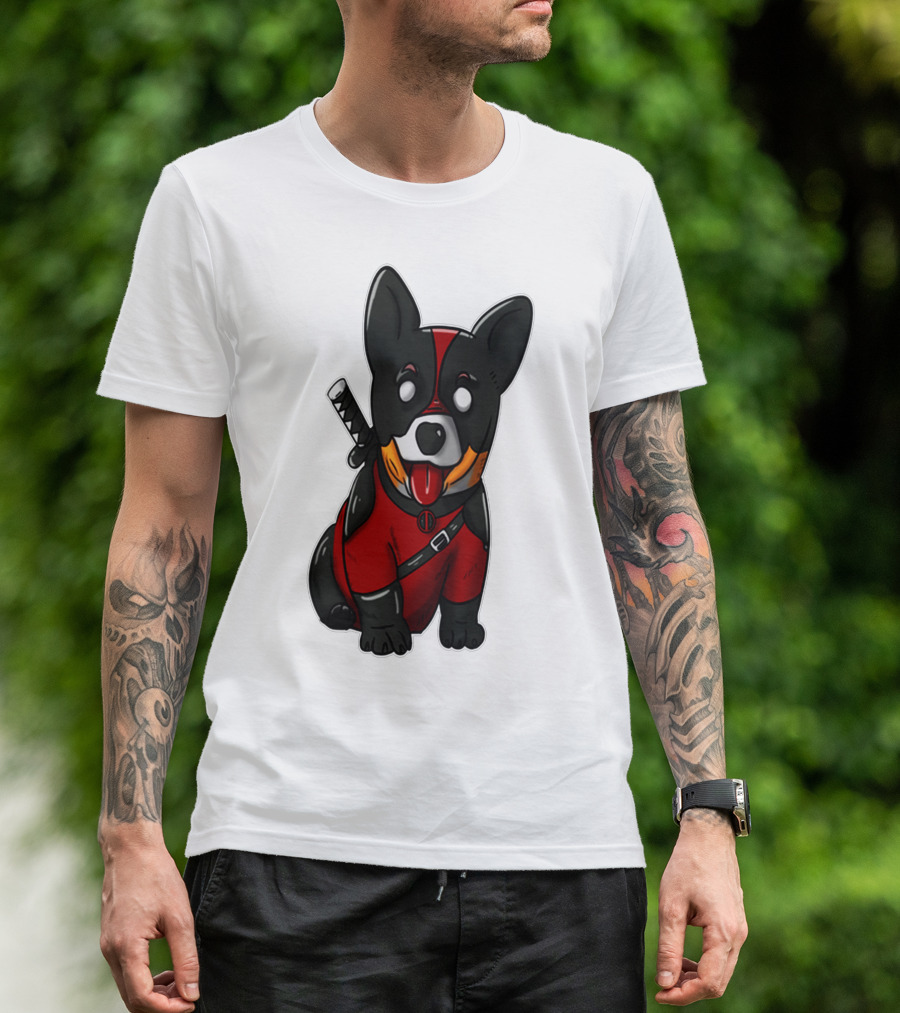 Corgipool Corgi Deadpool Merchandise Red Black Costume Sword Dog Iconic Character Image T-Shirt