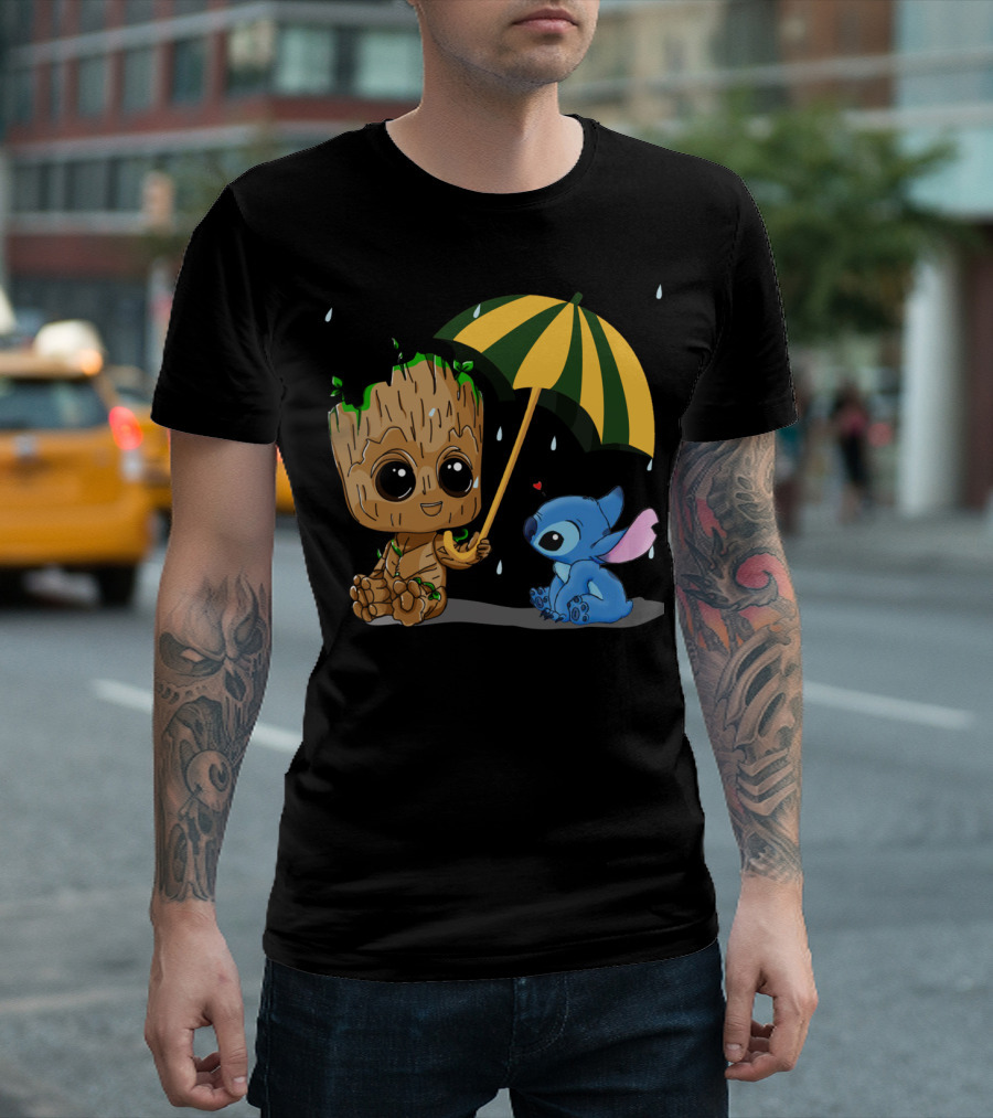 Groot and Little Stitch Friendship Under Umbrella with Raindrops and Heart T-Shirt