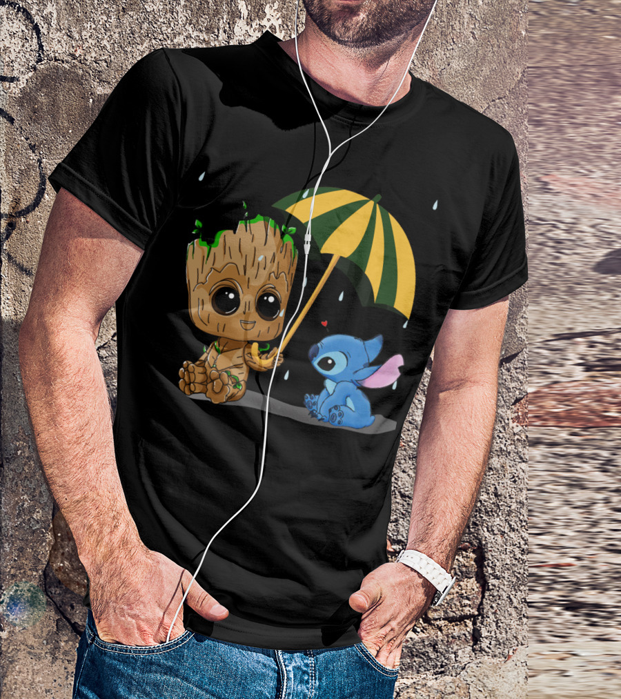 Groot And Little Stitch Friendship Under Umbrella With Raindrops And Heart T-Shirt