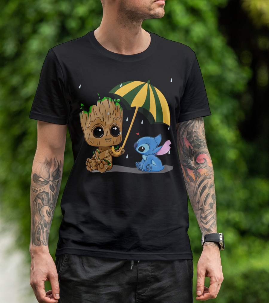 Groot And Little Stitch Friendship Under Umbrella With Raindrops And Heart T-Shirt