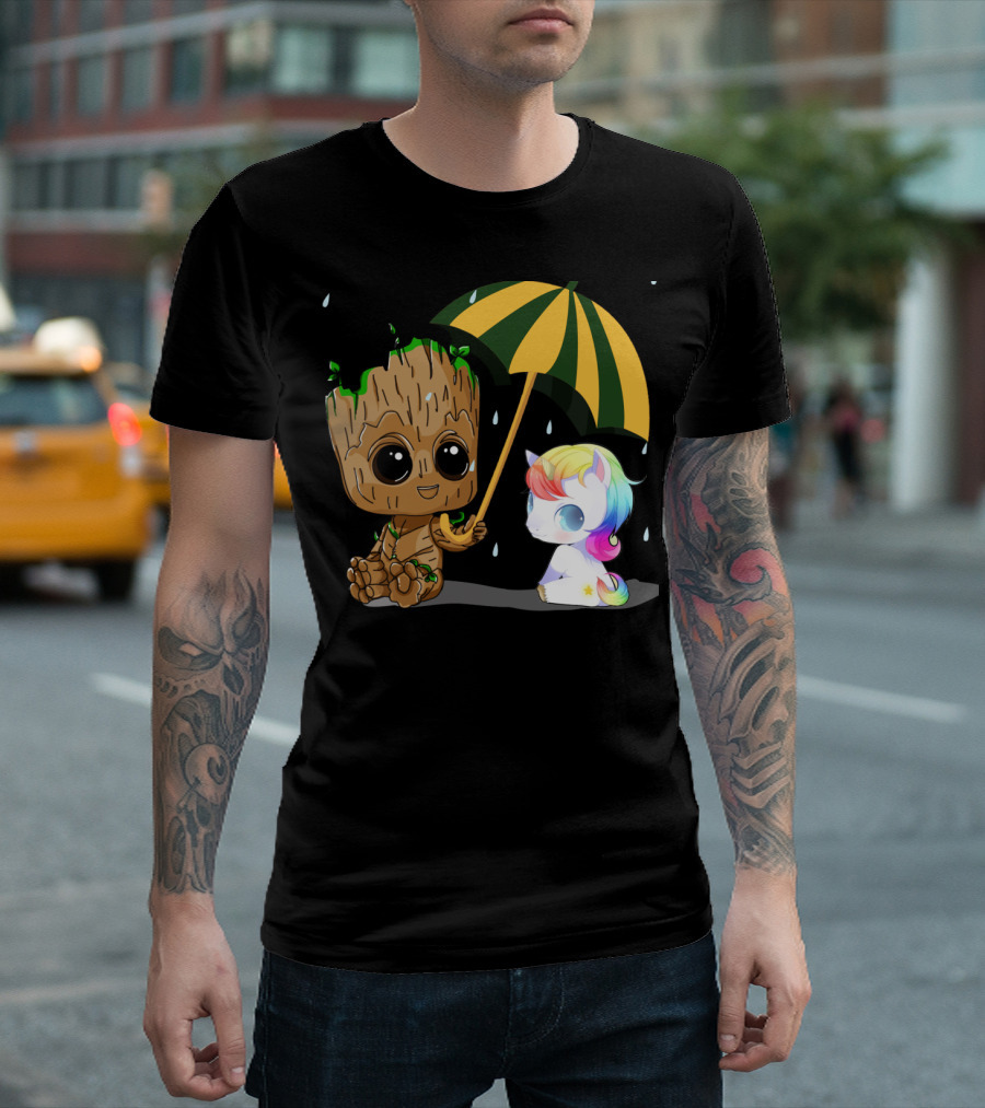 Groot Holding Umbrella Sitting with Cute Rainbow Unicorn T-Shirt