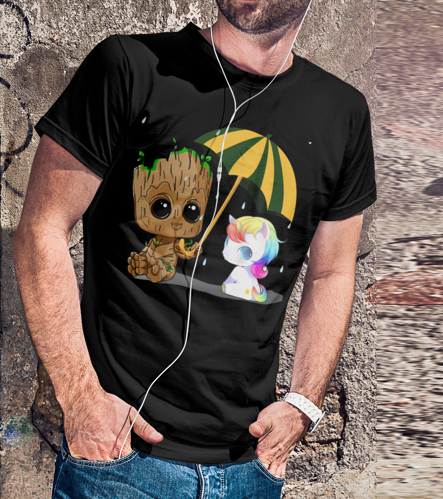 Groot Holding Umbrella Sitting With Cute Rainbow Unicorn T-Shirt