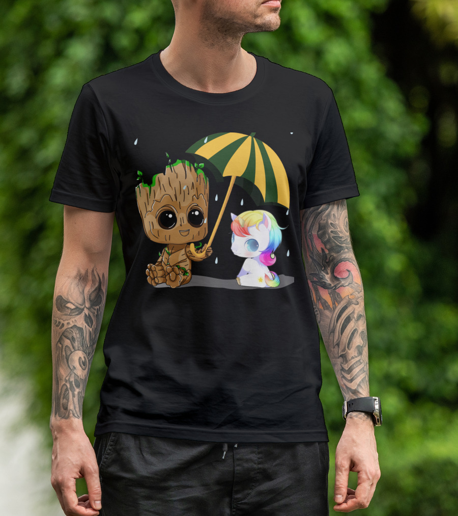 Groot Holding Umbrella Sitting With Cute Rainbow Unicorn T-Shirt