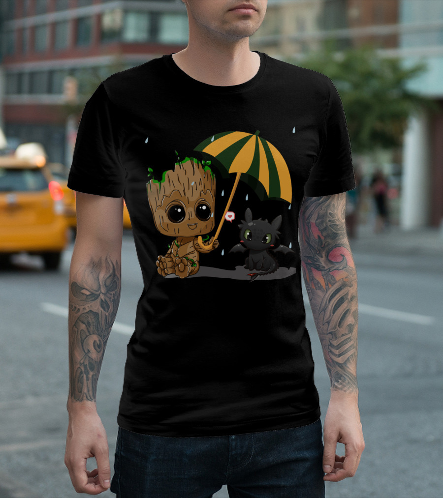 Groot and Little Hiccup Dragon Sharing Umbrella in the Rain T-Shirt